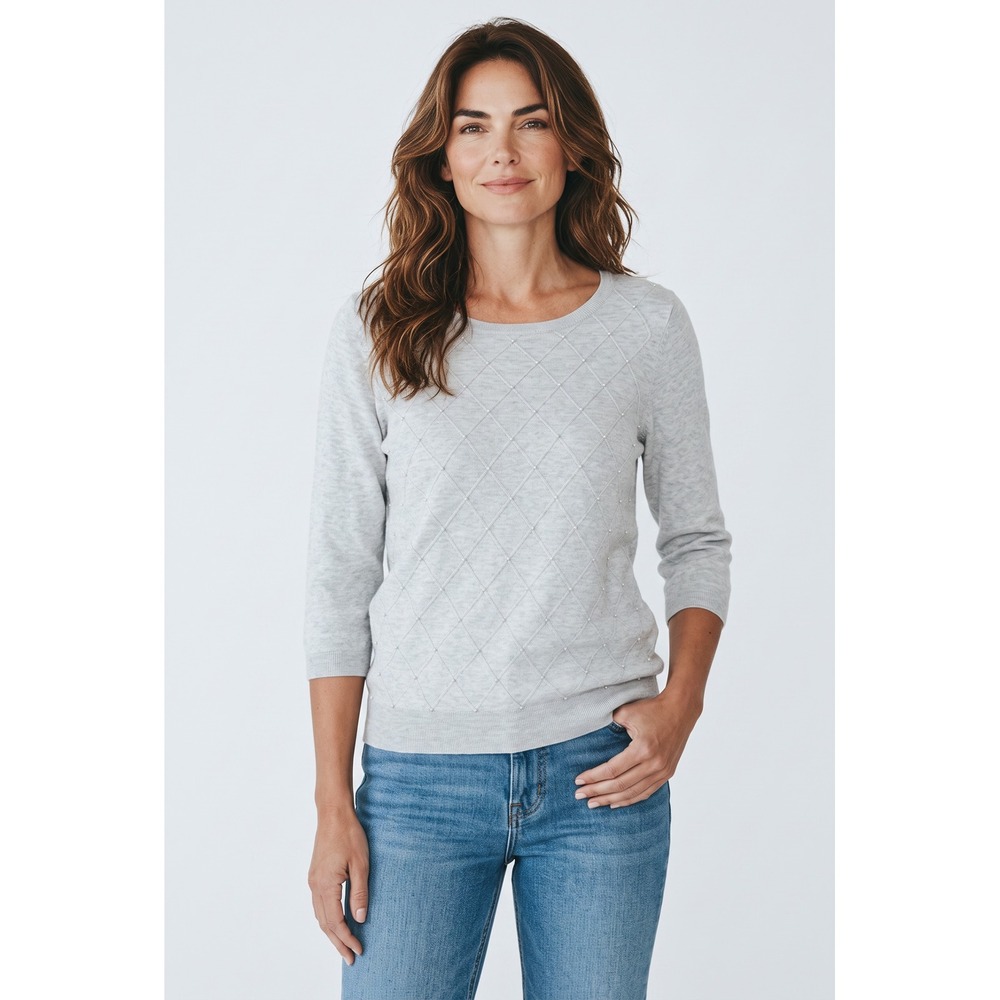 Elle Women Gray Pearl Embellished Diamond Quilted 3/4 Sleeve Sweater Large